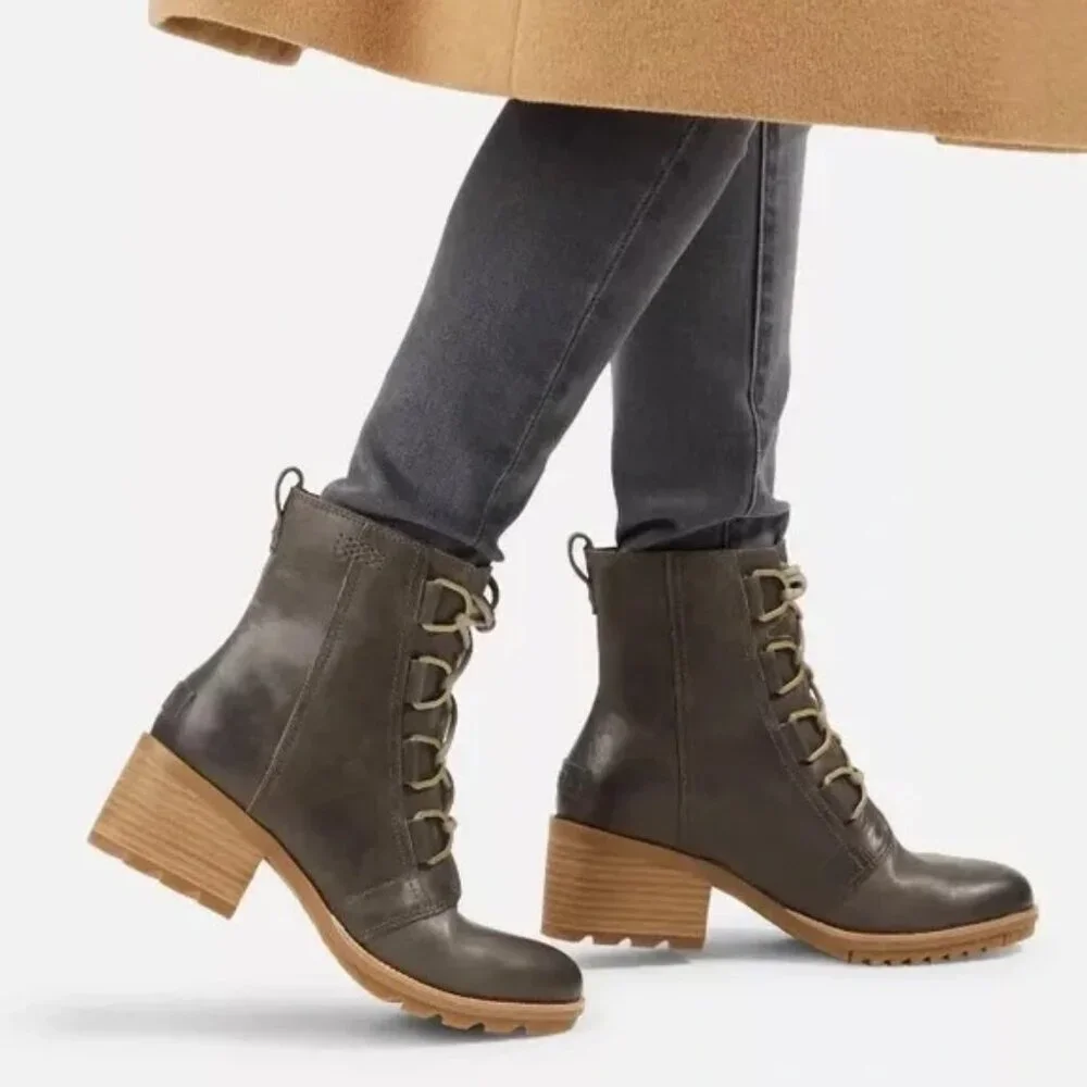 SOREL Cate Lace Up Boots Block Heel Brown Full Grain Leather Waterproof Size 7.5 - Picture 5 of 9